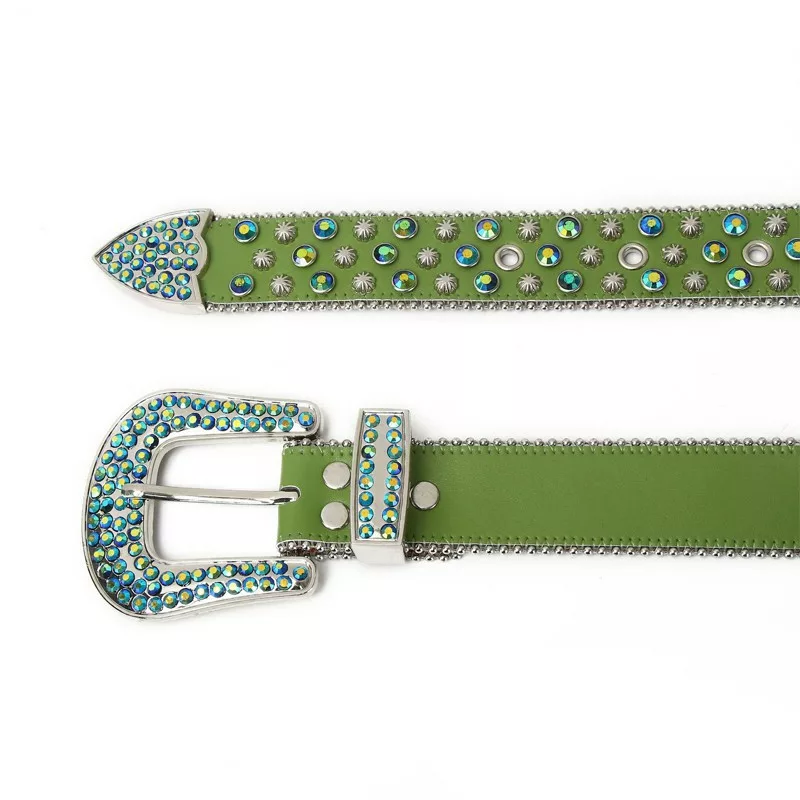 Flower Buckle Diamond Green BB Belt - myrhinestonebelt.com display picture 1